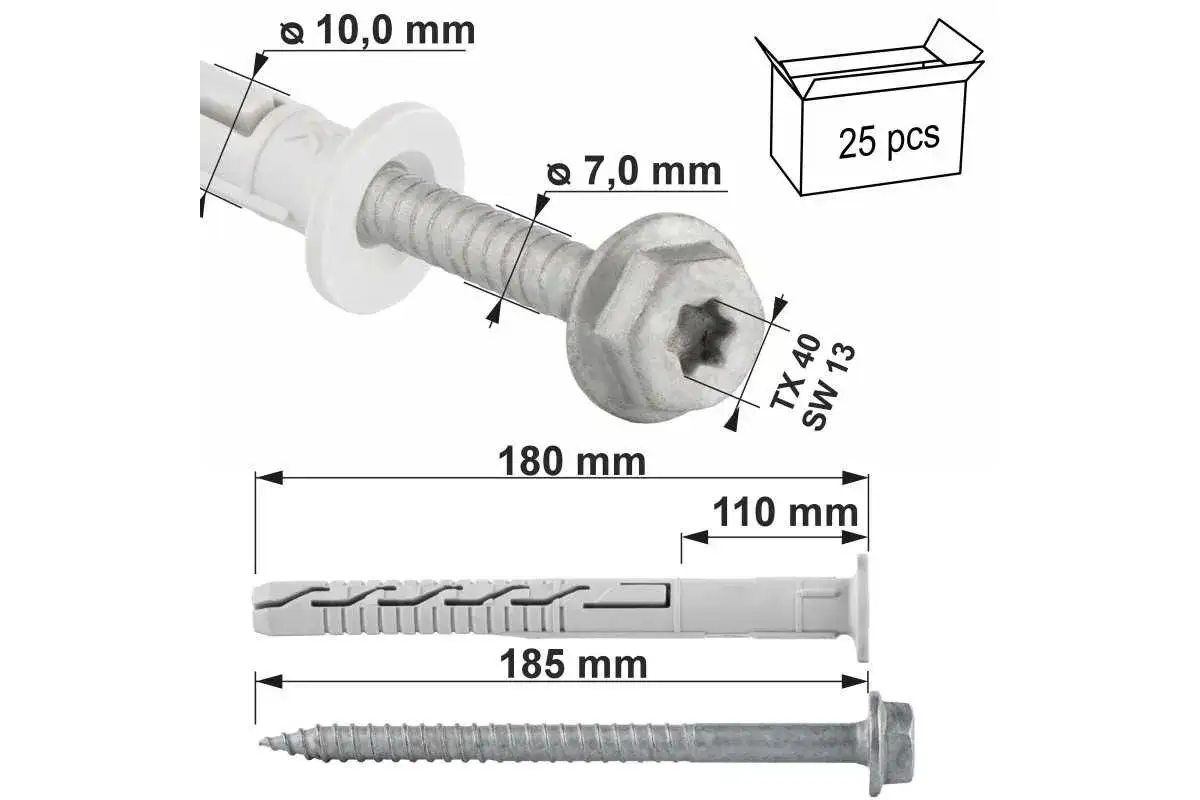 Kołek ramowy do mocowania ram okiennych i drzwiowych. W zestawie 25 sztuk, śruba 180 mm, kołek 185 mm.