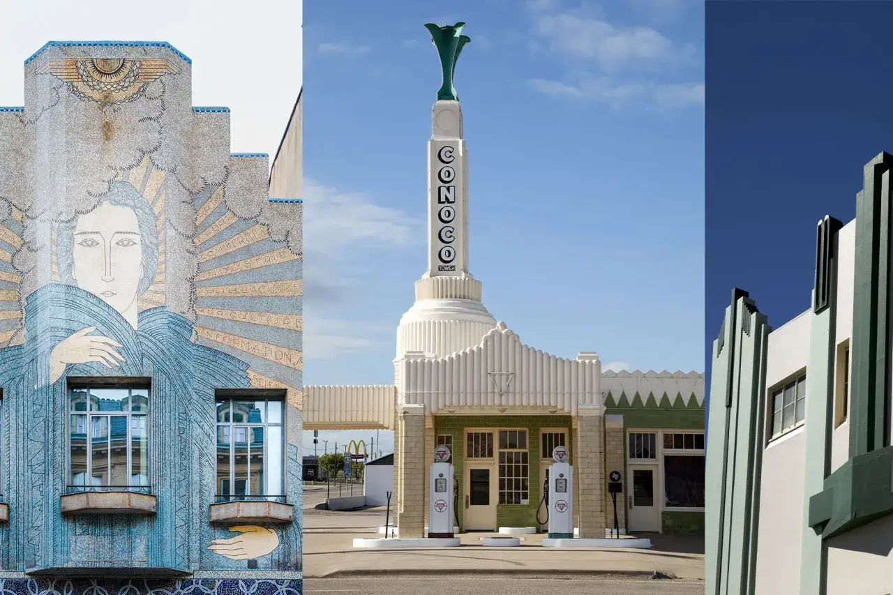 Trois b&acirc;timents embl&eacute;matiques de la p&eacute;riode art d&eacute;co : une fa&ccedil;ade orn&eacute;e d'une mosa&iuml;que, une station-service Conoco et un &eacute;difice aux lignes g&eacute;om&eacute;triques.