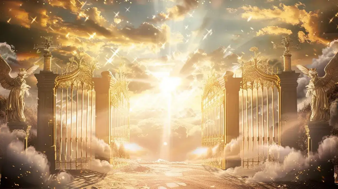 Goldene Tore zum Himmel, flankiert von Engeln und Kreuzen. Strahlendes Licht und Wolken symbolisieren das christliche Jenseits.