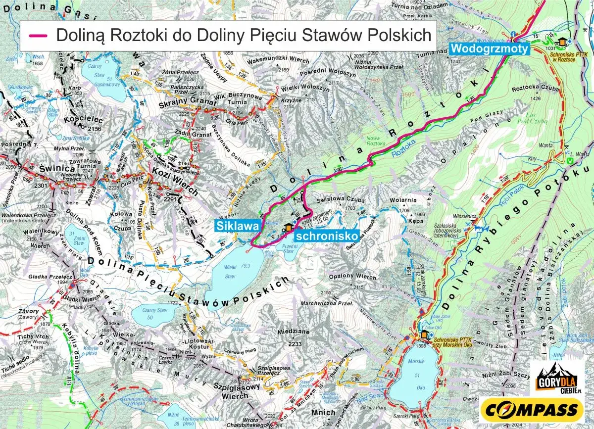 Trasa: Dolina Roztoki do Doliny Pięciu Stawów Polskich. Czas przejścia: 5h 15min. Mapa turystyczna Tatr.