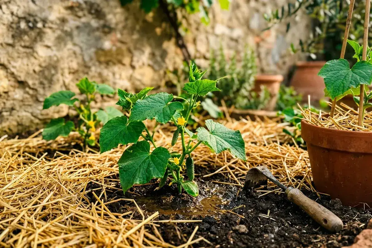 Giovani piantine di cetriolo con piccoli frutti e fiori gialli, pronte per crescere. Scopri come coltivare i cetrioli in questo orto soleggiato.