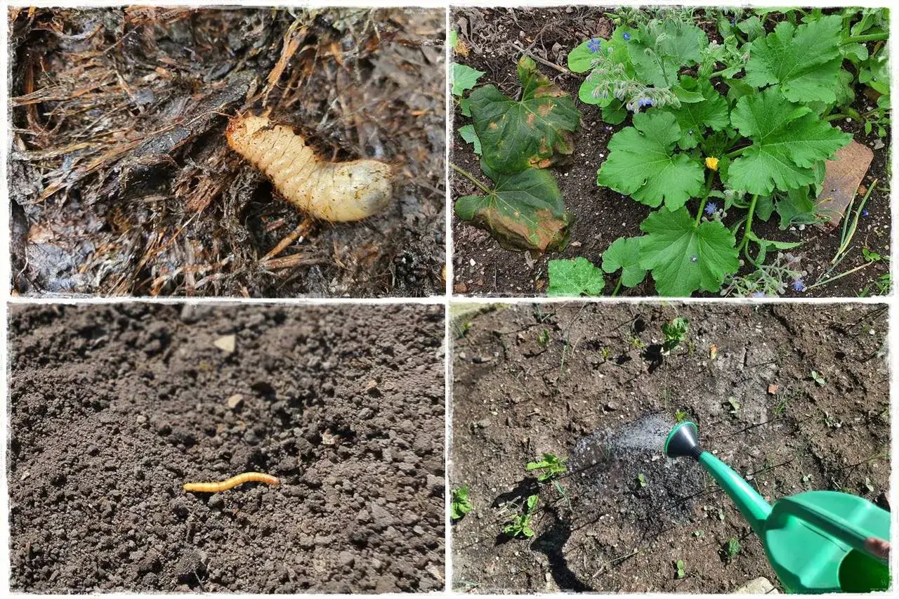 Larwa chrząszcza i dżdżownica w glebie, obok roślin i podlewania. Dbamy o zdrowe podłoże dla naszych upraw, by zapewnić im rozwój z benevia.