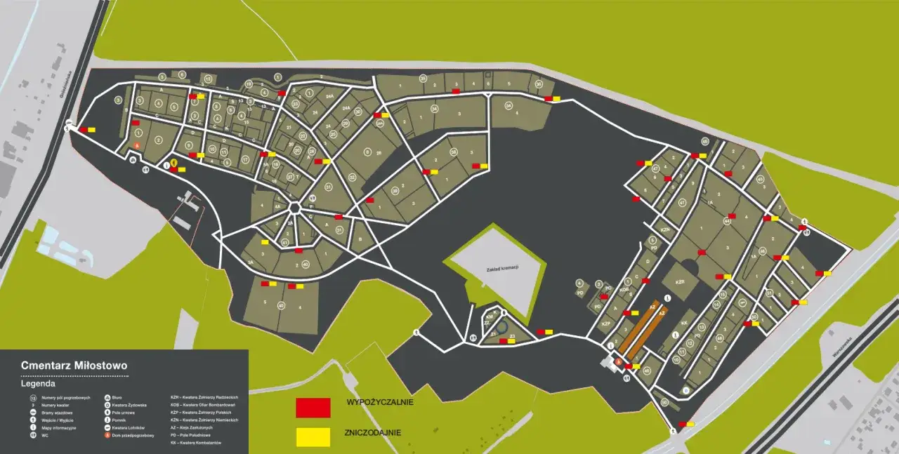 Mapa Cmentarza Miłostowo, z zaznaczonymi kwaterami i alejami. Wyszukiwarka cmentarna Junikowo pomoże odnaleźć konkretne miejsce.