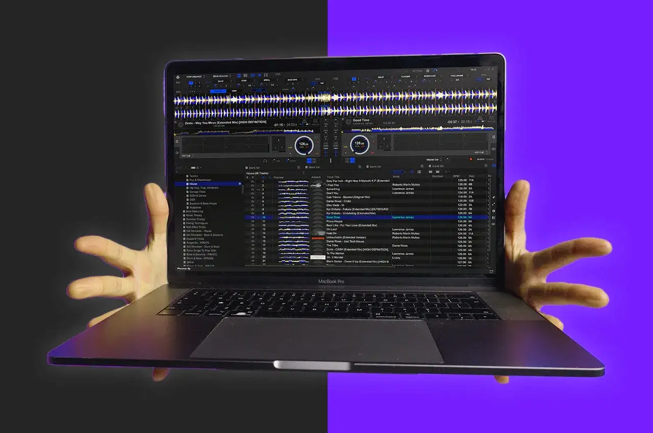 H&auml;nde umfassen ein MacBook Pro, auf dem DJ-Software mit Wellenformen und Songlisten l&auml;uft. Perfekt f&uuml;r kostenlose DJ-Software.