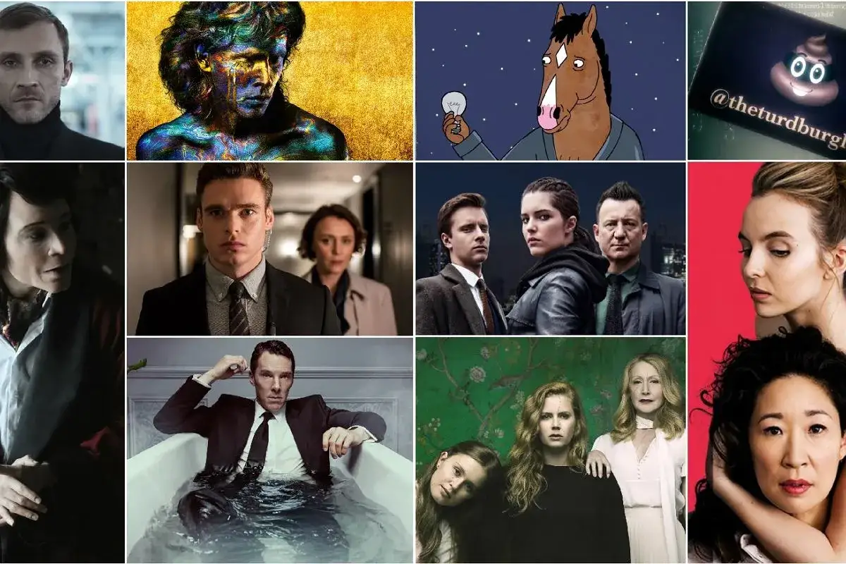 Kolaż z seriali: mężczyzna w czerni, postać w kolorowym makijażu, koń z kreskówki, @theturdburgl, para w garniturach, kobieta na czerwonym tle, Benedict Cumberbatch w wannie, kobiety na zielonym tle. Ile było odcinków?