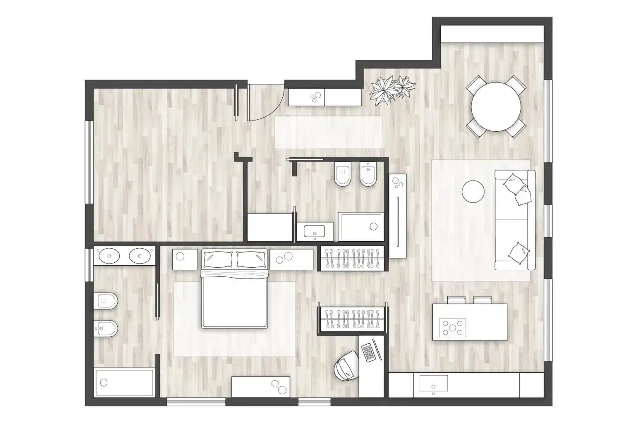 Pianta di una casa di 80 mq, piccola ma funzionale: zona giorno con divano e tavolo, cucina, camera da letto, bagno e studio.