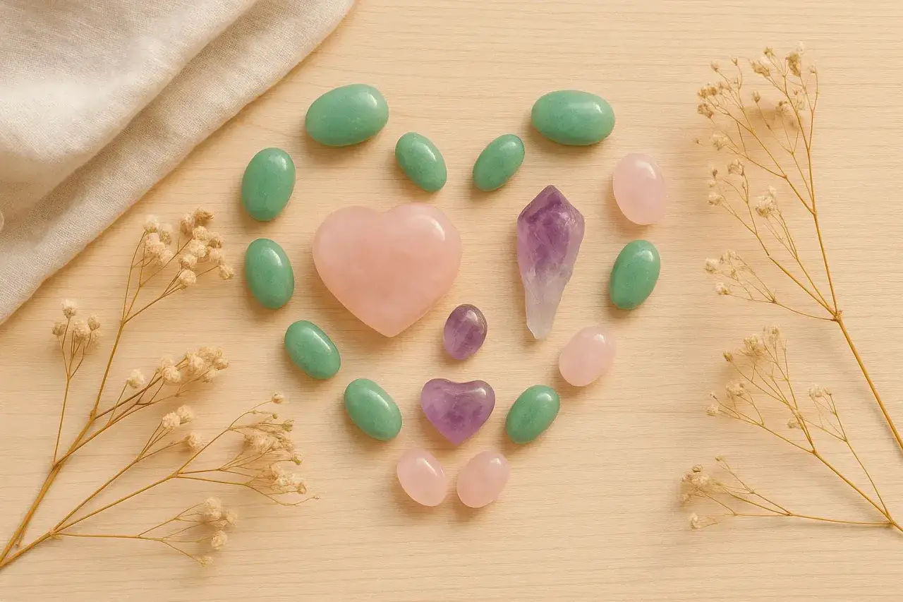 Cristales de cuarzo rosa y amatista, junto a piedras verdes, forman un corazón. Una piedra equilibrio emocional para la calma.