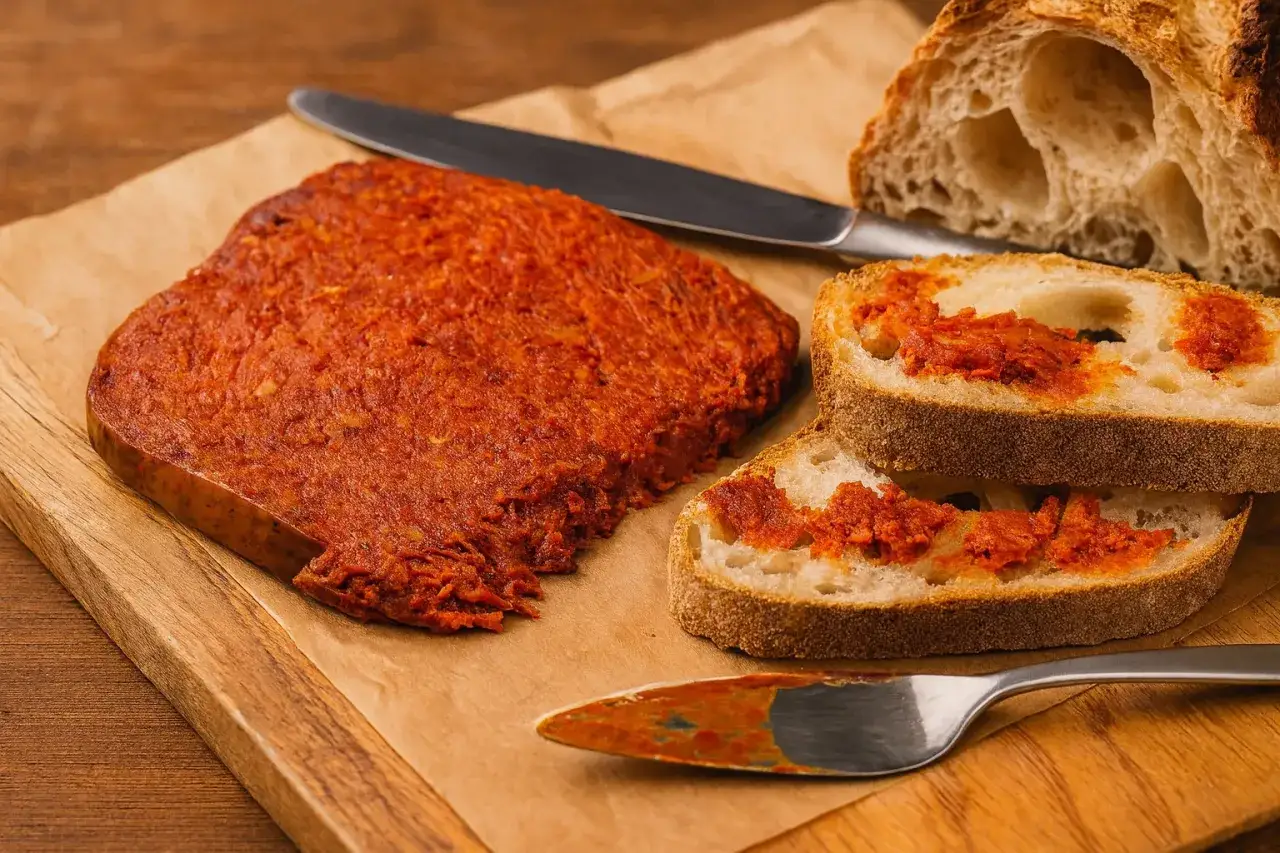 Ein St&uuml;ck Nduja, die scharfe italienische Streichwurst, liegt neben Brot und Messern.