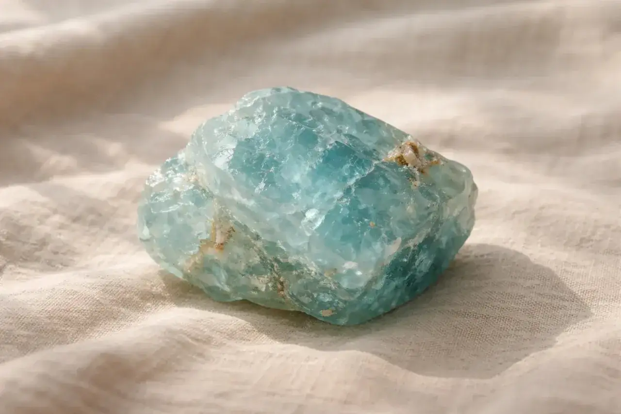 Piedra aguamarina, símbolo de serenidad y claridad. Su significado espiritual reside en la calma y la comunicación.