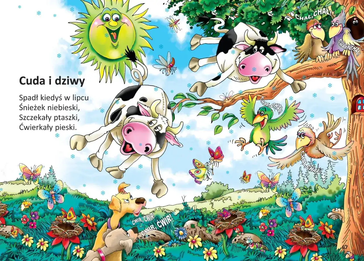 Słońce, krowy w powietrzu, ptaki i motyle tworzą surrealistyczny obraz. Wiersz opisuje 
