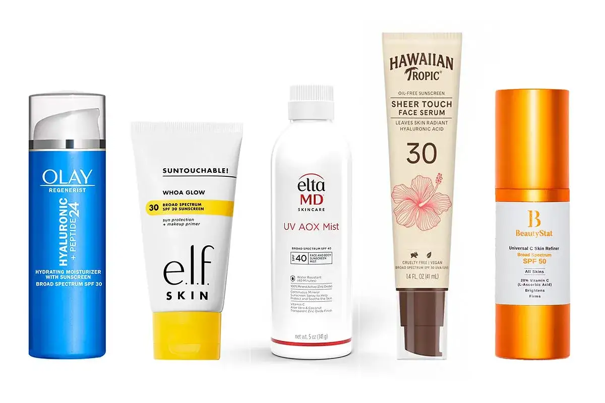 Fem solskyddsprodukter för ansiktet: Olay, e.l.f. Skin, EltaMD, Hawaiian Tropic och BeautyStat. Vad betyder facial? Dessa produkter är för ansiktet.