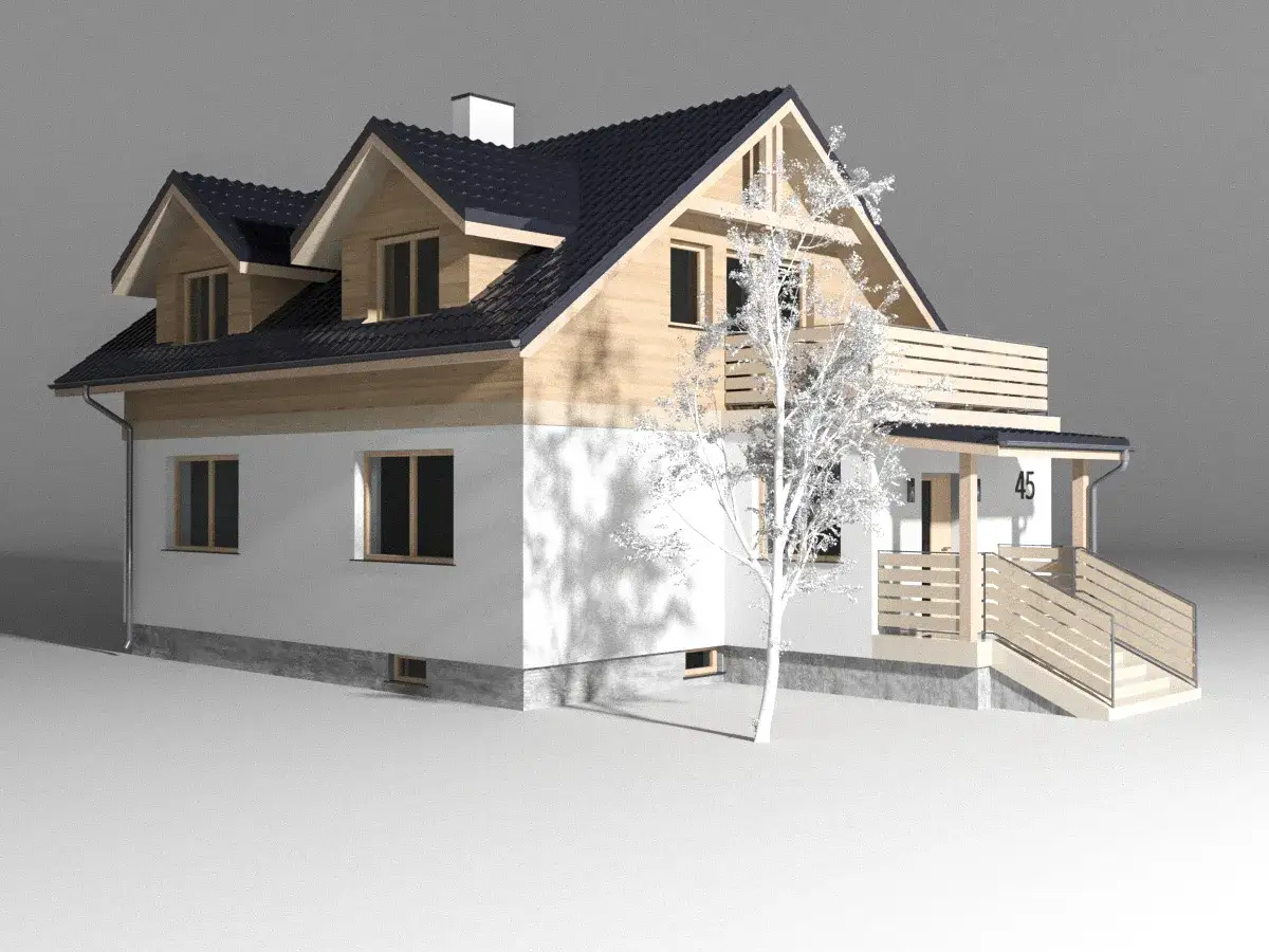 Nowoczesna dobudówka do starego domu, z drewnianymi elementami i balkonem. Projekty uwzględniają harmonię z istniejącą architekturą.