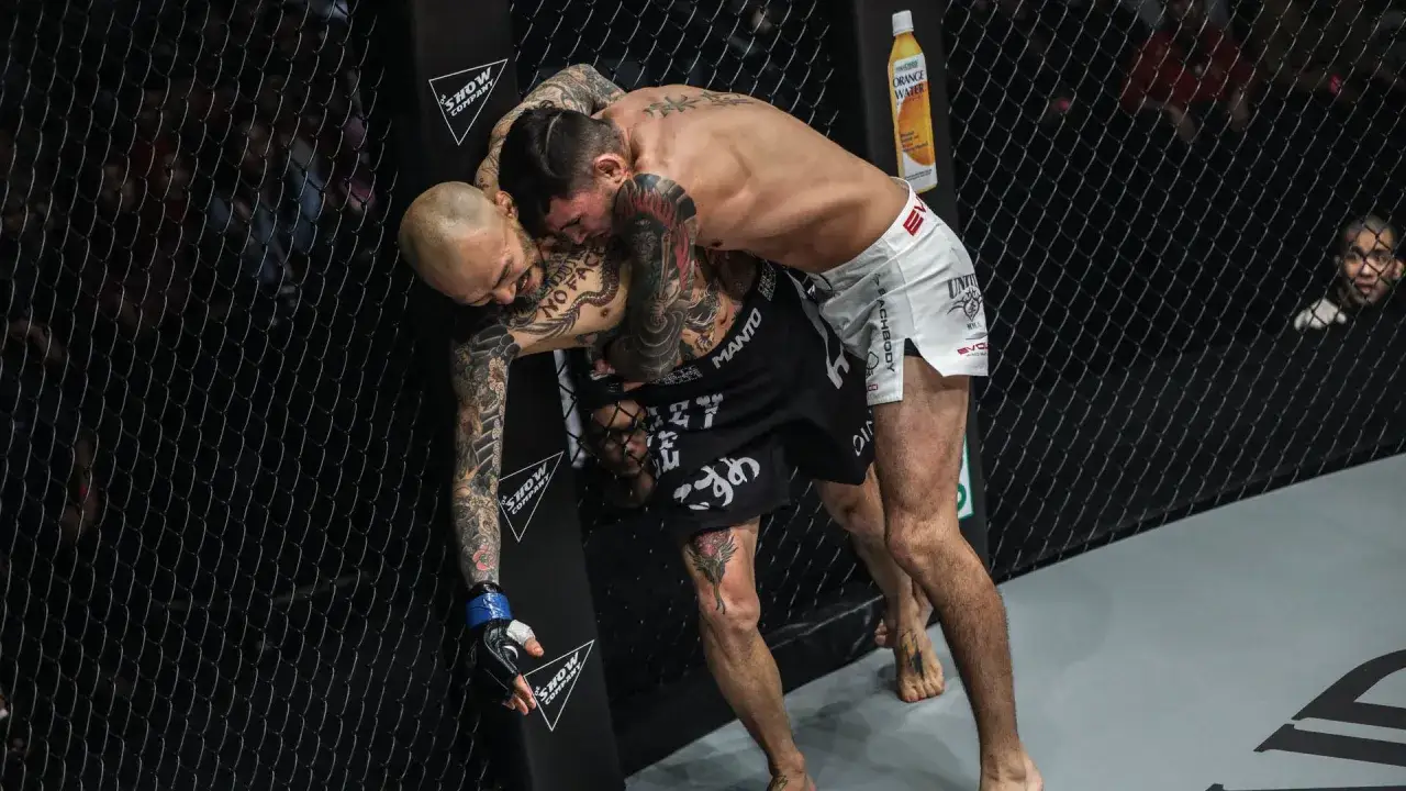Tv&aring; tatuerade MMA-fighters i en bur. En k&auml;mpar, som p&aring;minner om en thai mora, pressar sin motst&aring;ndare mot n&auml;tet.