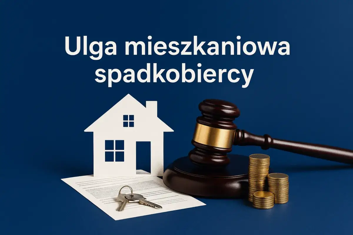 Dom, klucze, młotek sędziowski i monety symbolizują ulgę mieszkaniową dla spadkobierców w postępowaniu spadkowym.