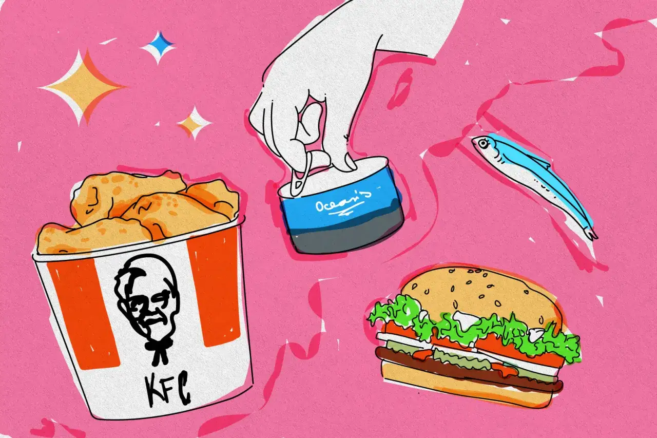 R&oacute;żowe tło z gwiazdkami, kubełek KFC, puszka 