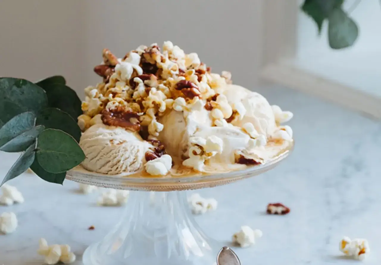 Glass med vaniljglass toppad med karamelliserad popcorn och nötter. En oväntad men läcker kombination!