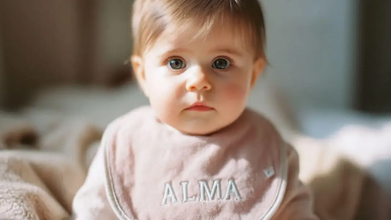 Bebé con ojos grandes y curiosos, lleva un babero rosa con el nombre