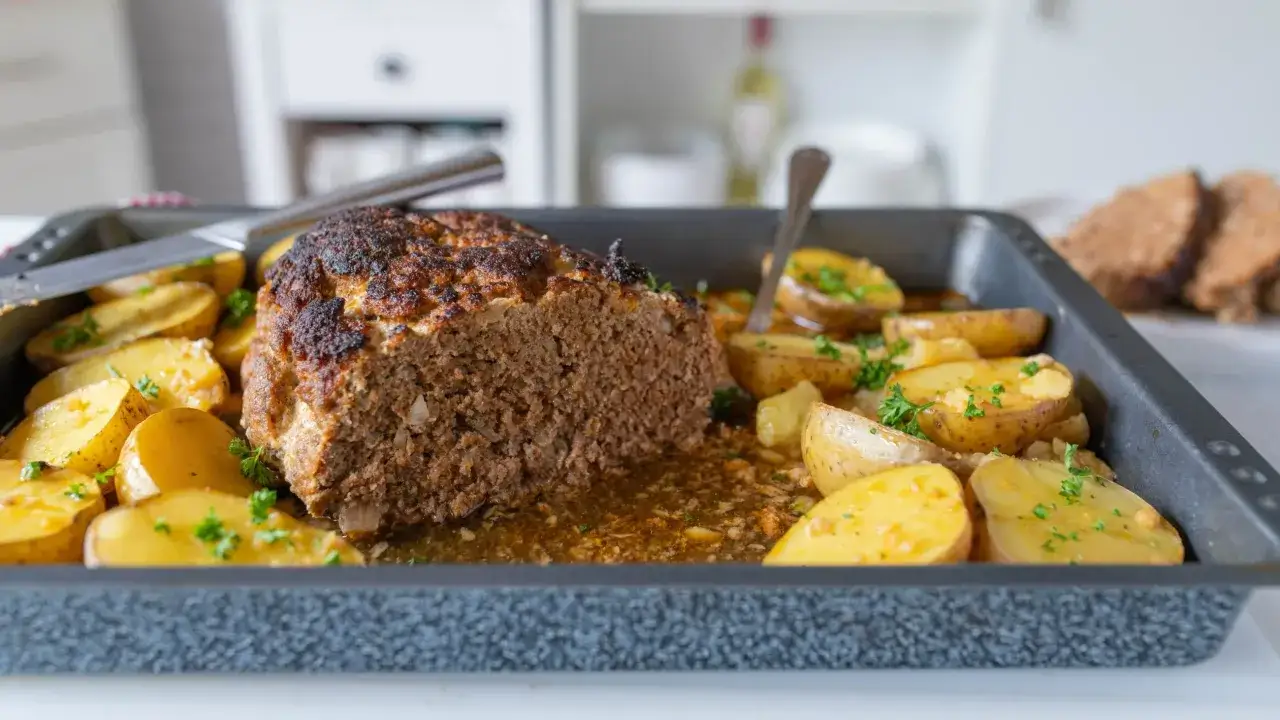 Tani i szybki obiad w piekarniku: pieczony klops z ziemniakami i ziołami.