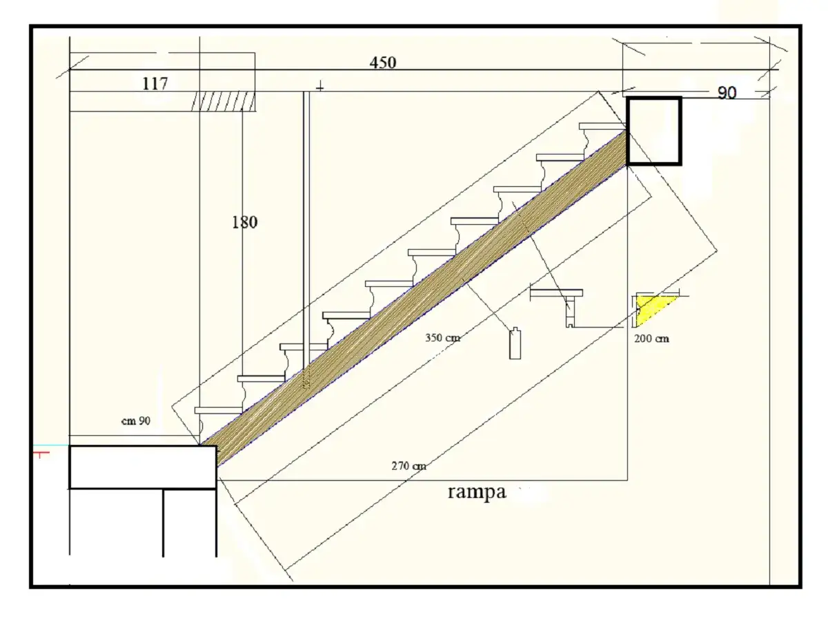 Disegno tecnico di una scala a rampa con varie scale misure indicate: altezza 180, lunghezza 270, larghezza 90 e 450.