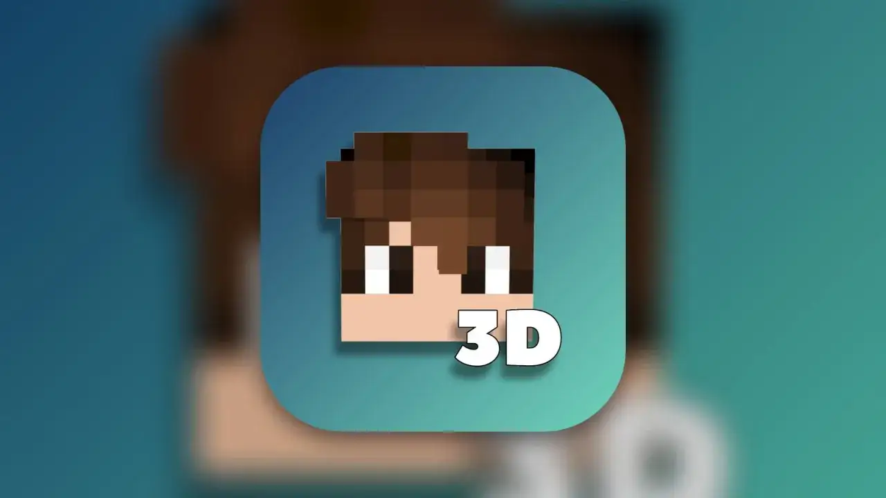 Ikona aplikacji do tworzenia skinów w Minecraft. Pixelowa twarz chłopca z brązowymi włosami i napis 