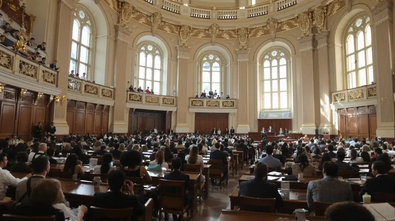 Une grande salle ornée accueille une soutenance de thèse. Le public est assis, attendant de savoir combien de temps dure une soutenance de thèse.