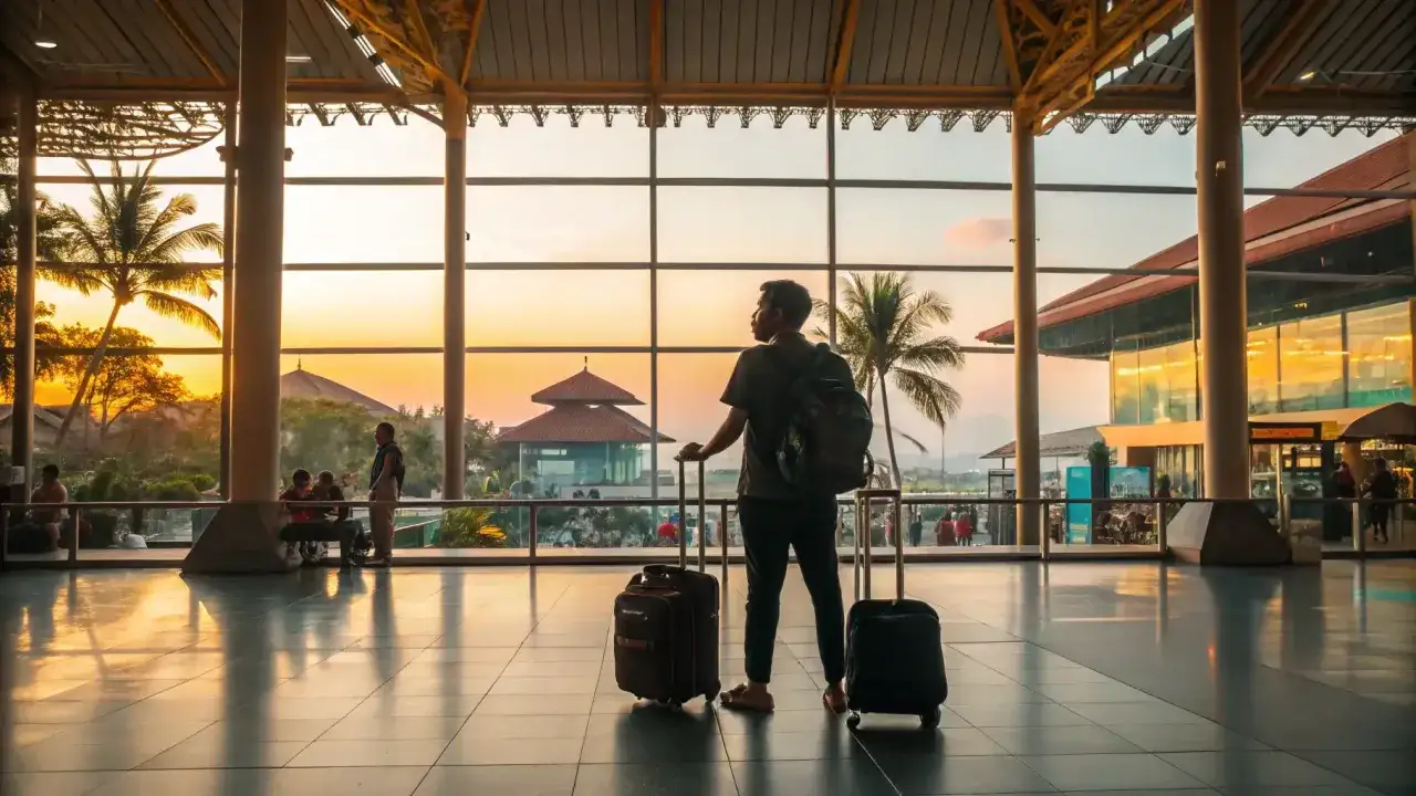 Młody mężczyzna z plecakiem i walizkami czeka na lotnisku na Bali, podziwiając zachód słońca przez wielkie okna.