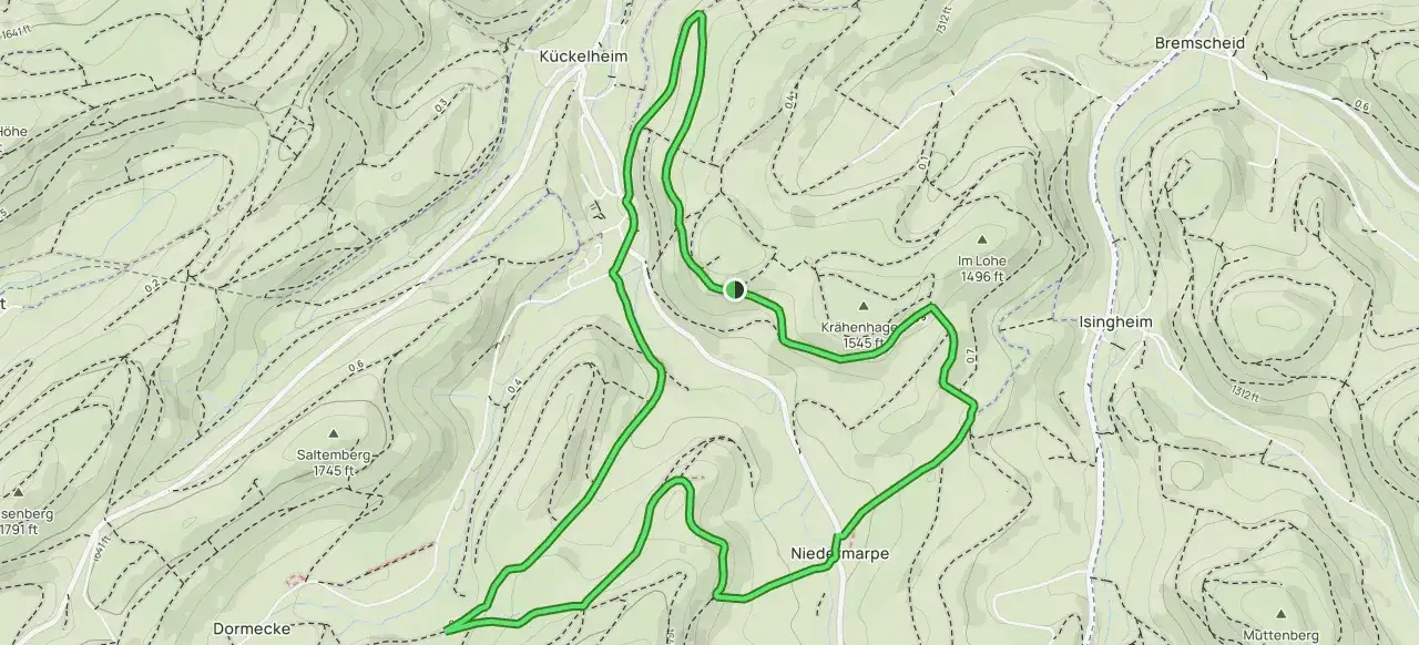 Eine topografische Karte zeigt den Verlauf des Franziskusweges durch hügeliges Gelände mit Ortschaften wie Kückelheim und Isingerheim.