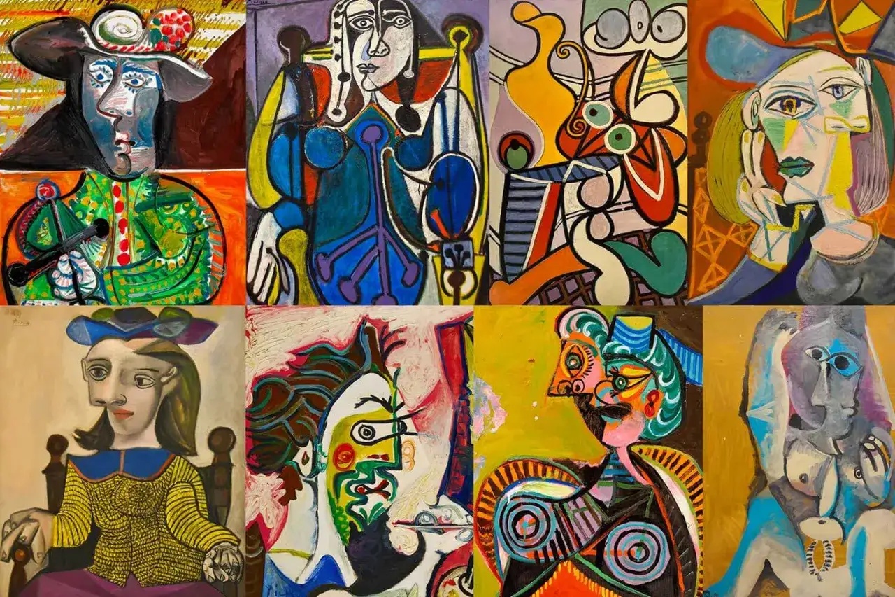 A collage of vibrant, cubist portraits showcasing the distinctive style of obras de Pablo Picasso.