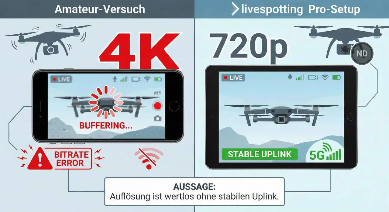 Vergleich: Amateur-Drohne mit 4K-Aufl&ouml;sung und Pufferung vs. Pro-Setup mit 720p und stabilem Uplink. Die dji reichweite ist entscheidend.