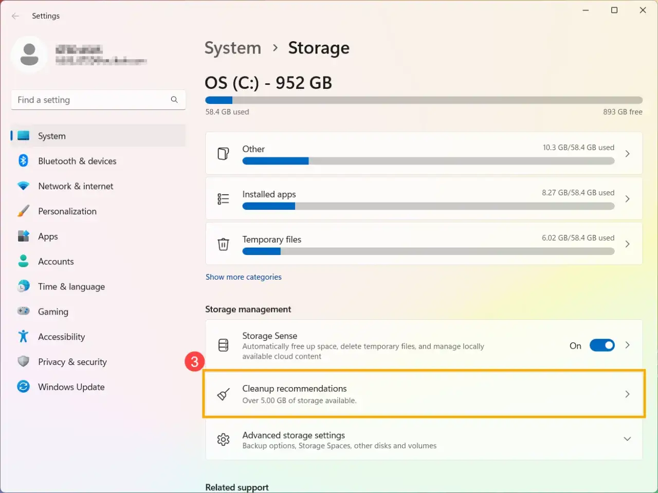 Ustawienia Windows 11: Zarządzanie dyskiem, sekcja