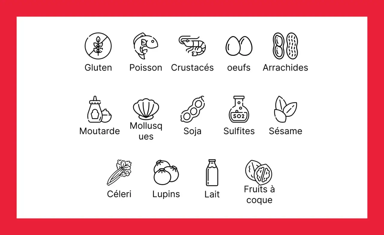 Icônes d'allergènes : gluten (blé), poisson, crustacés, œufs, arachides, moutarde, mollusques, soja, sulfites, sésame, céleri, lupins, lait, fruits à coque.
