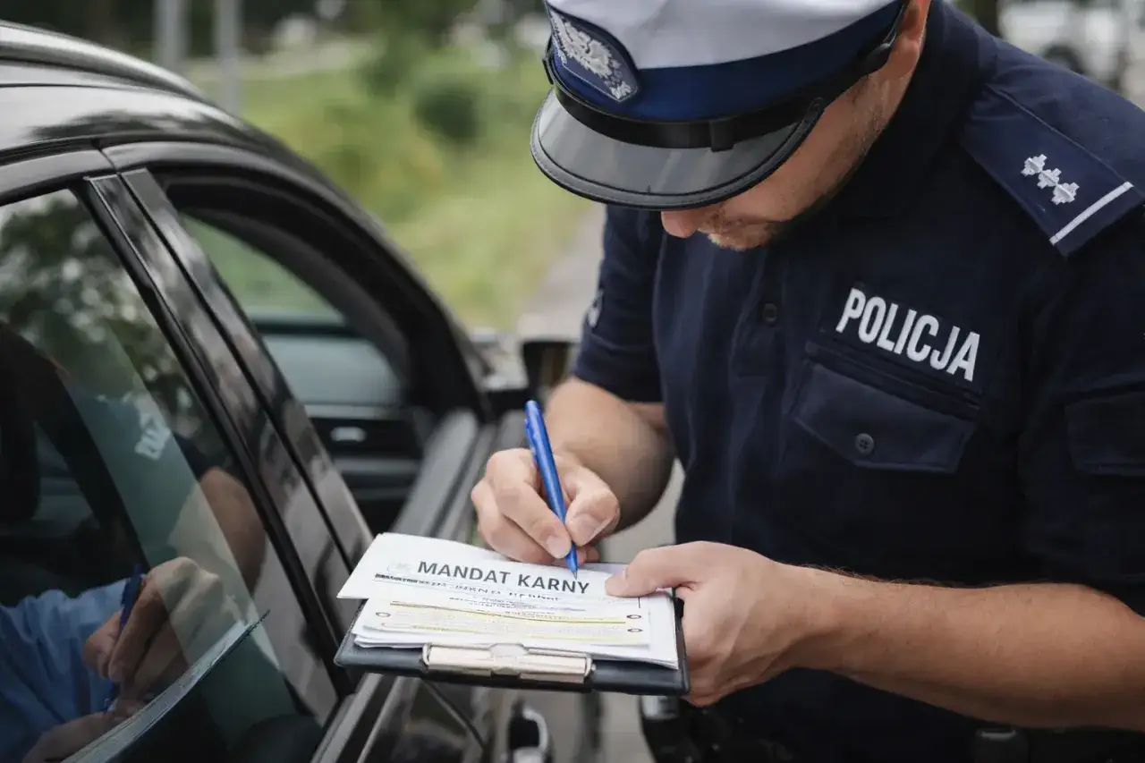 Policjant w mundurze wypisuje mandat karny przy czarnym samochodzie.