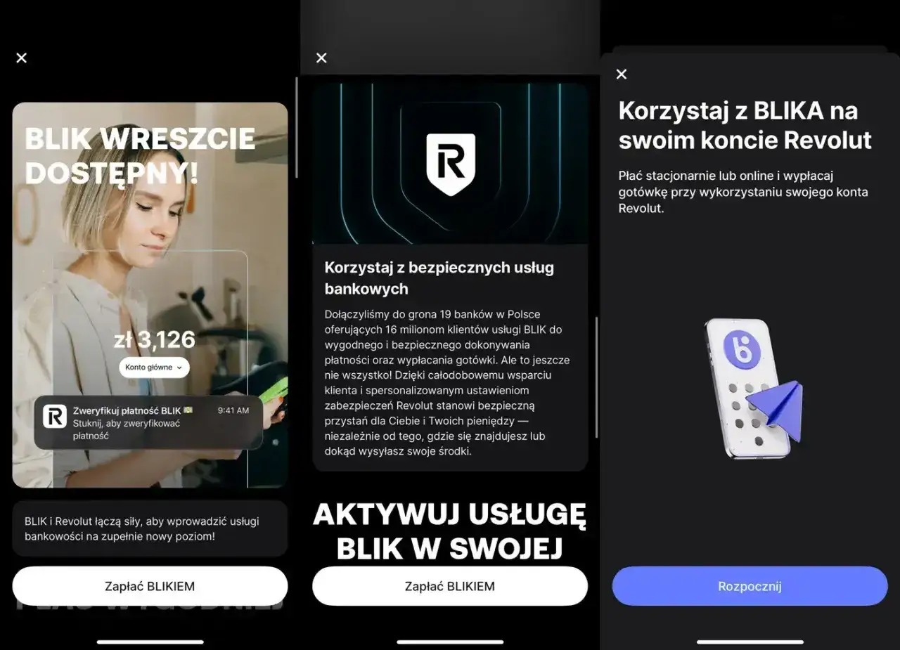 Aplikacja Revolut bank informuje o dostępności BLIKA. Widzimy ekran z kwotą 3126 zł i powiadomieniem o weryfikacji płatności BLIK.