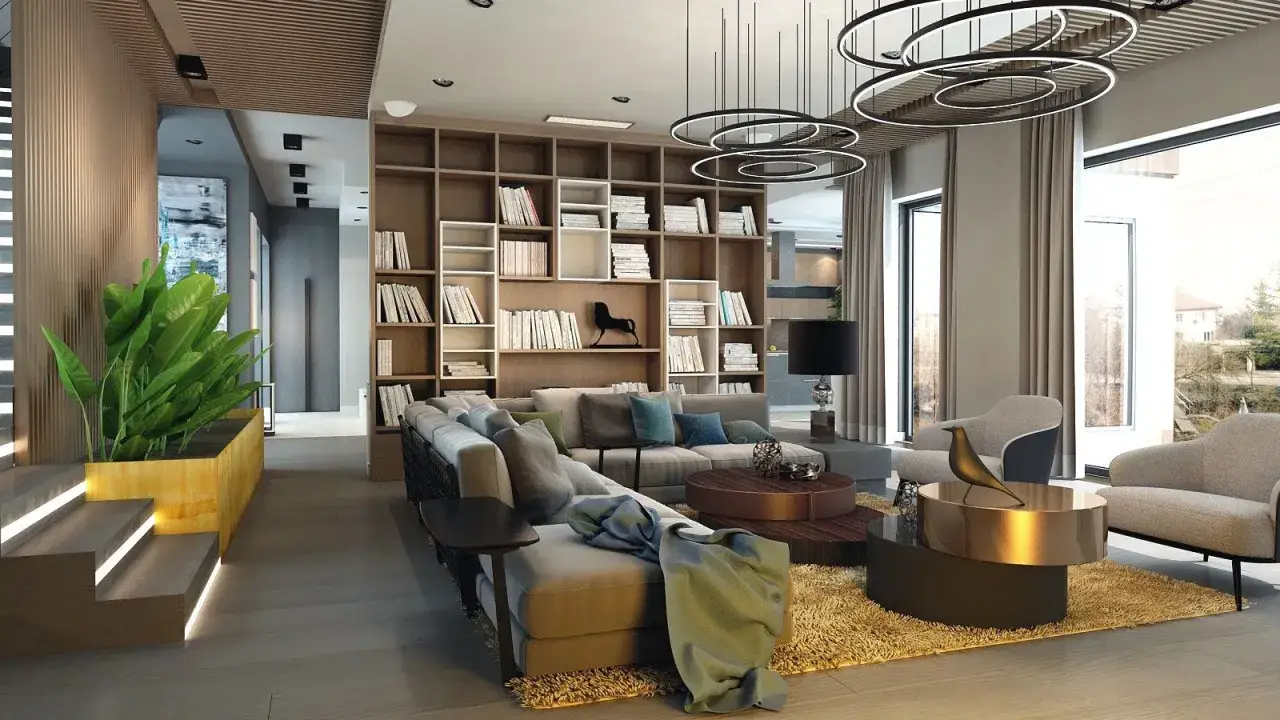 Nowoczesny salon z regałem pełnym książek, wygodną kanapą i designerskimi lampami.