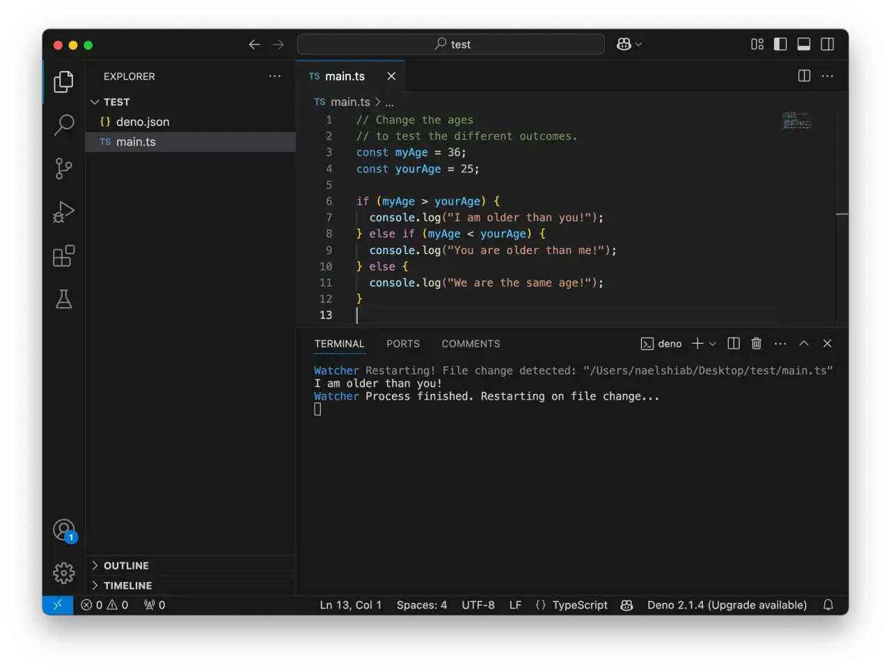 Kod TypeScript z warunkami, por&oacute;wnujący wiek. Wyświetla 
