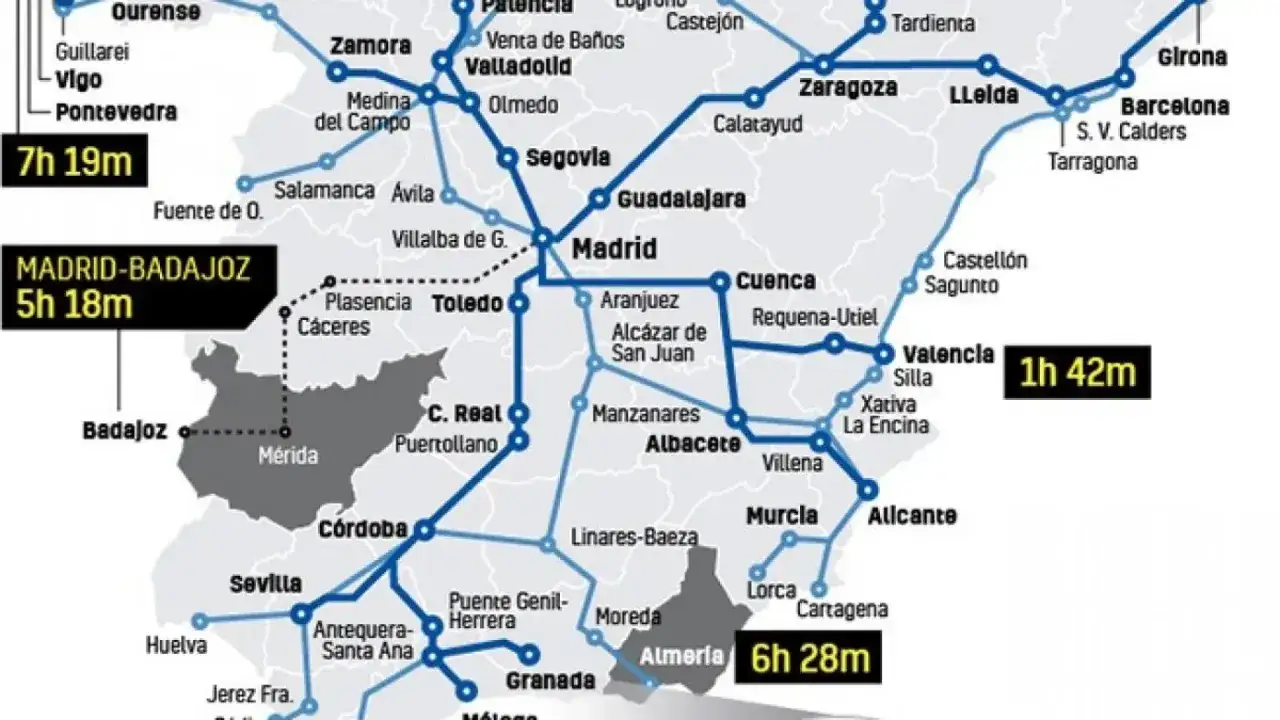 Mapa de Espa&ntilde;a con rutas de tren de alta velocidad. Se destaca el trayecto tren Tarragona Sevilla y otros destinos.