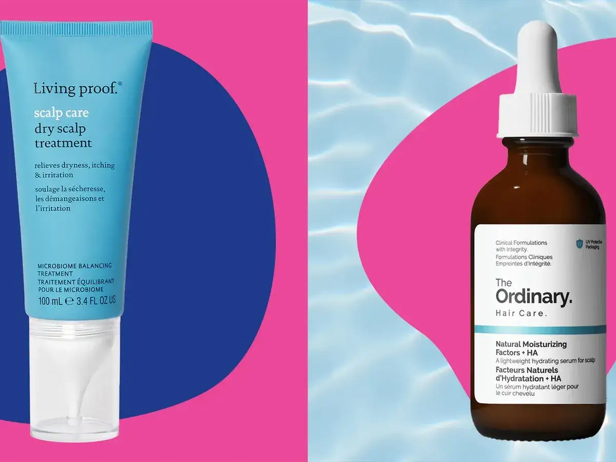 S&eacute;rum et traitement pour comment hydrater son cuir chevelu. Produits Living Proof et The Ordinary sur fond rose et bleu.