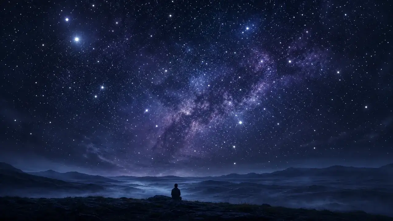 Una persona sentada en una colina, contemplando un cielo estrellado y soñar con estrellas fugaces.