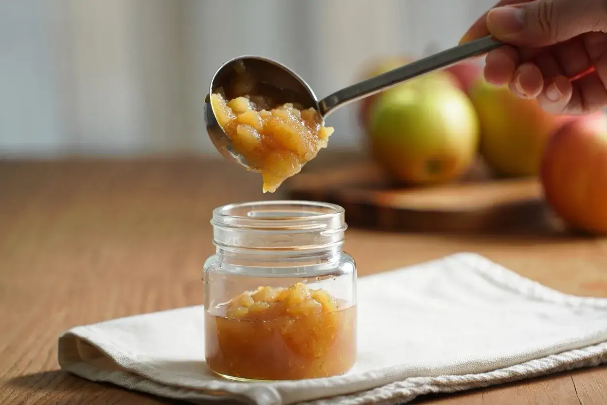 Une louche remplit un petit pot de compote de pommes maison. Parfait pour la conservation et les gourmands !