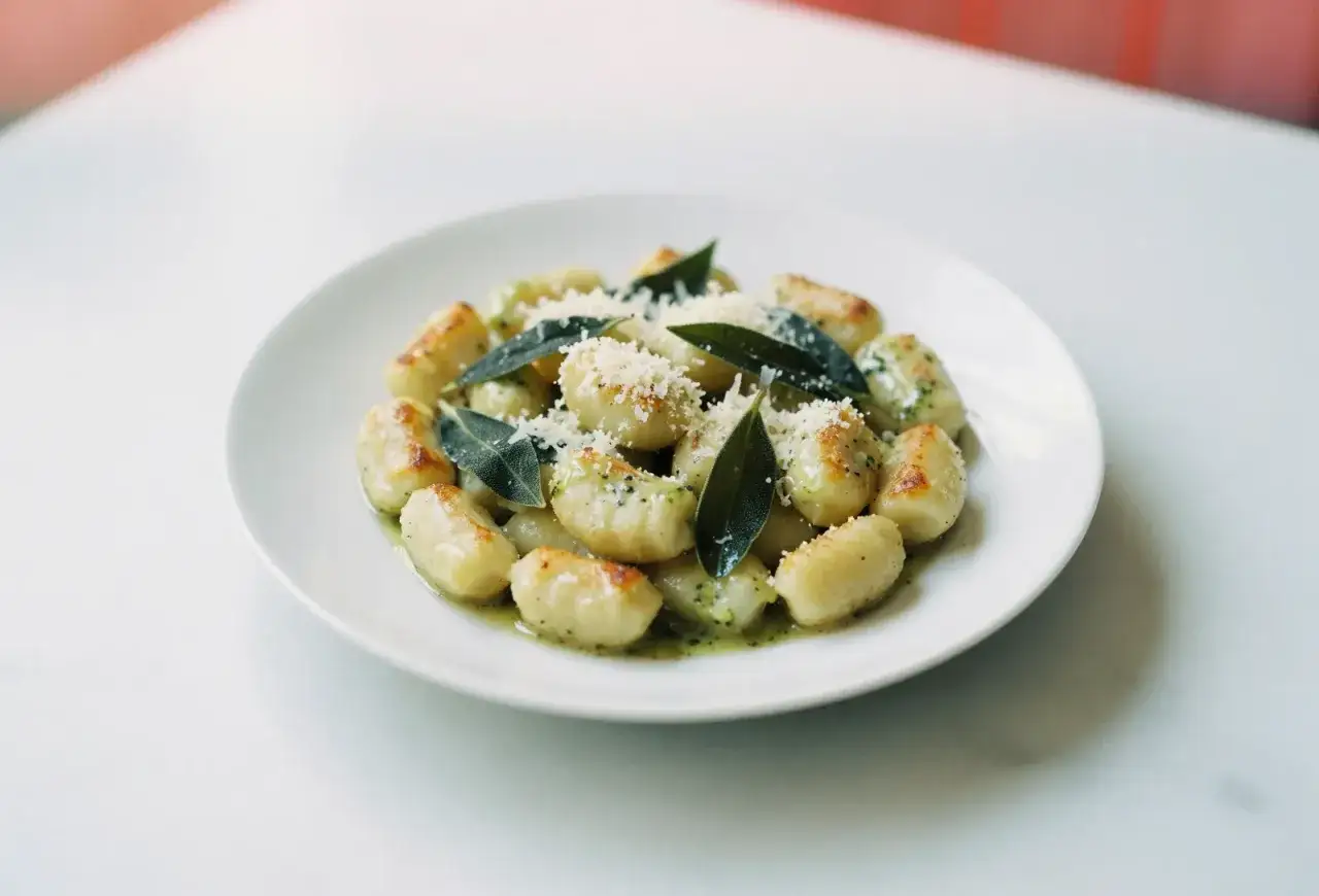 Pyszne gnocchi z zielonym sosem, posypane parmezanem i listkami szałwii. Idealny przepis na gnocchi z sosem, który zachwyci każdego.