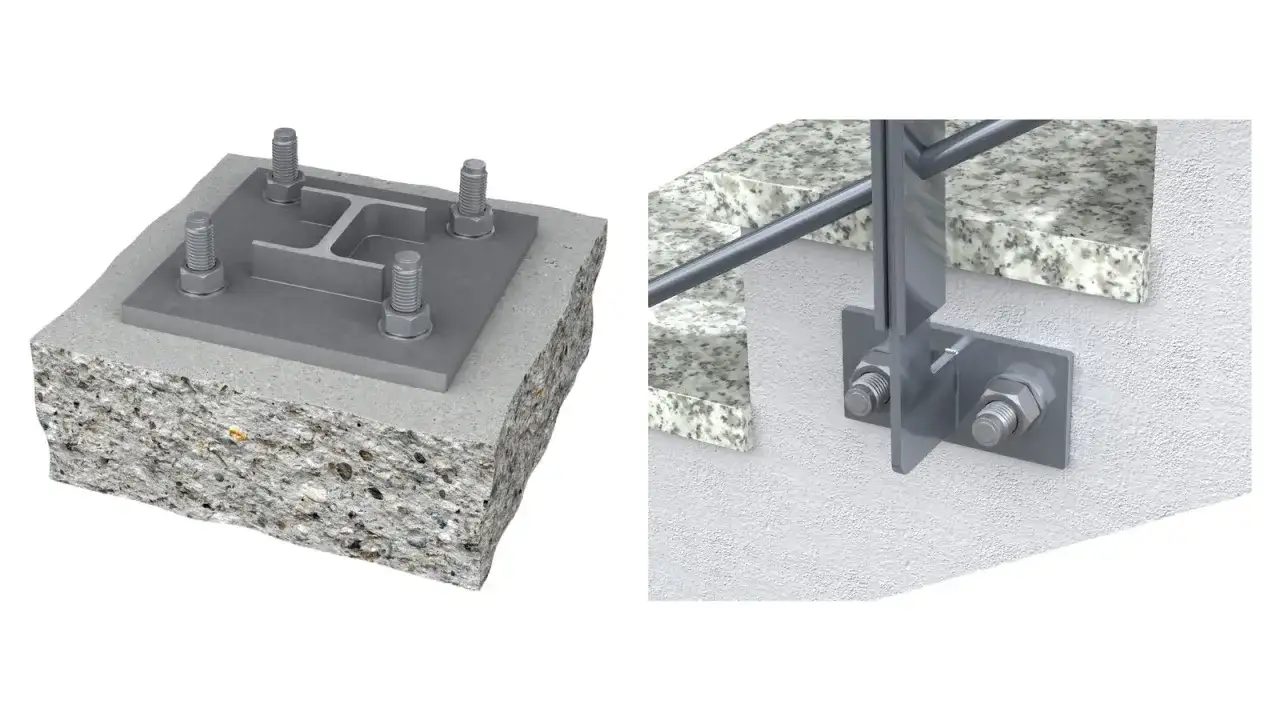 Solidne mocowanie balustrady do ściany za pomocą stalowych elementów i śrub. Detale techniczne montażu.