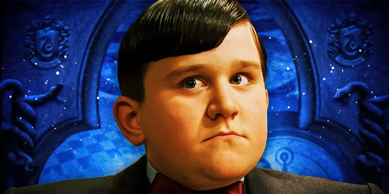 Dudley Dursley, kuzyn Harry'ego Pottera, patrzy z niepokojem na tle magicznych ozd&oacute;b.