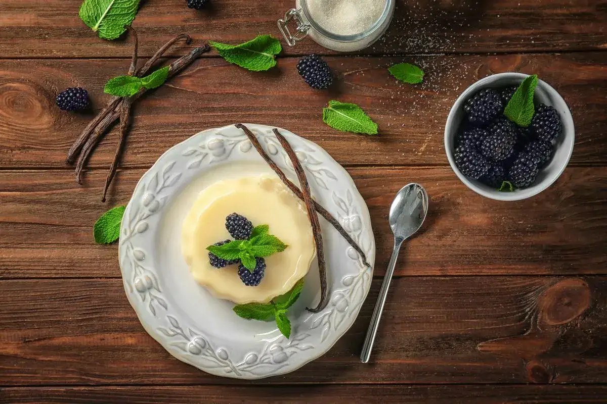 Delizioso budino fatto in casa, guarnito con more fresche, menta e bacche di vaniglia.