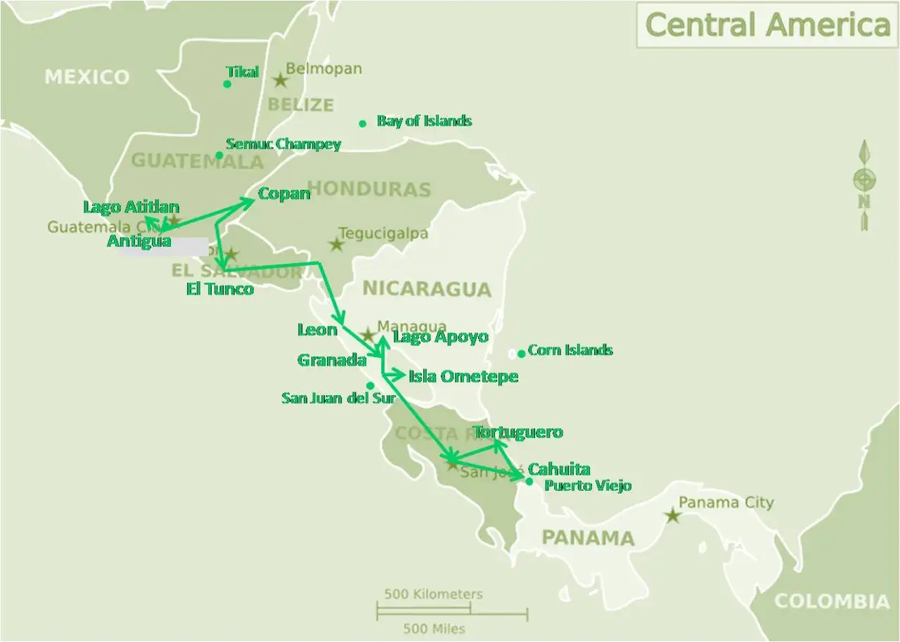Karte von Mittelamerika mit Reiseroute für Backpacking: Guatemala, El Salvador, Nicaragua, Costa Rica, Panama.