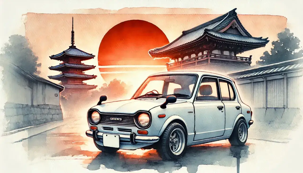 Urocze, białe auto z Japonii na tle zachodzącego słońca i tradycyjnych pagód.
