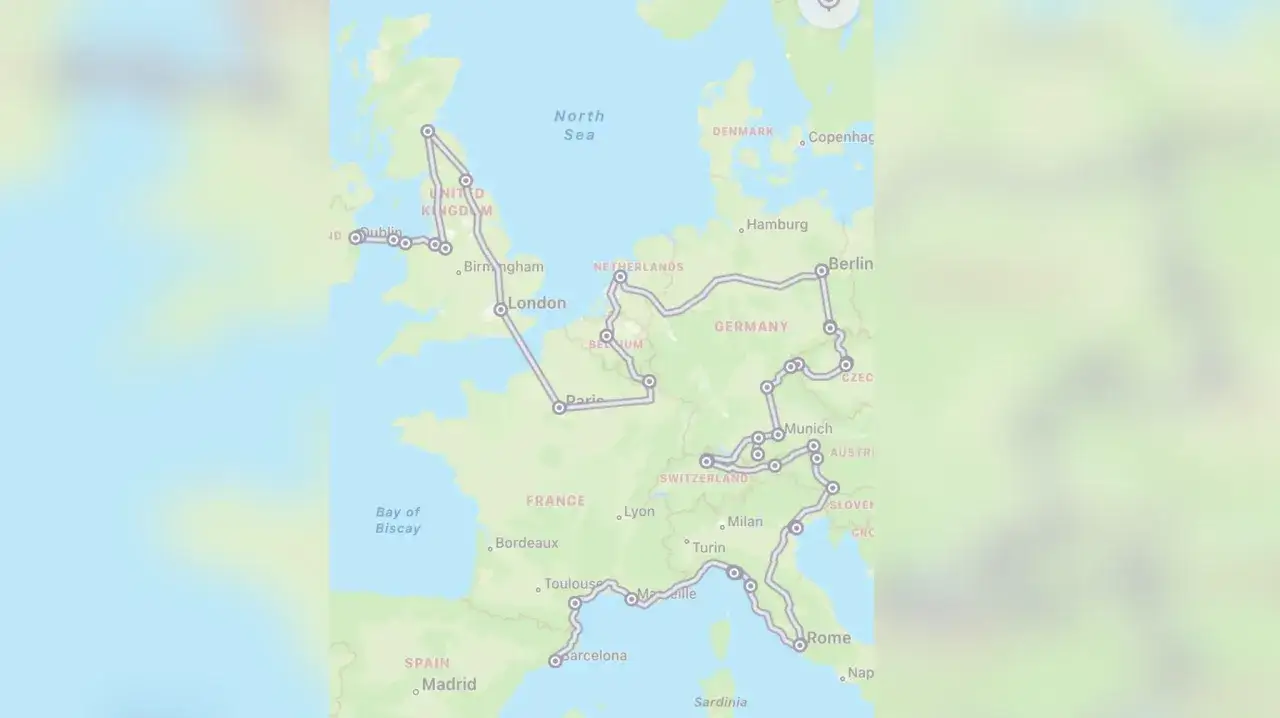 Reiseroute für Backpacking Europa: Von Dublin über London, Paris, Berlin, München bis nach Rom.