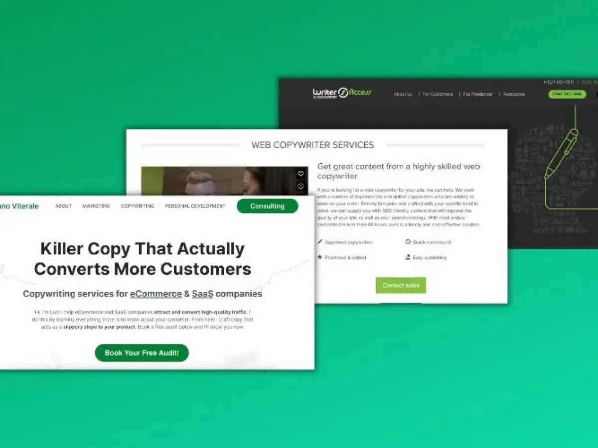Strony internetowe oferujące usługi copywritingowe. Jedna z nich obiecuje