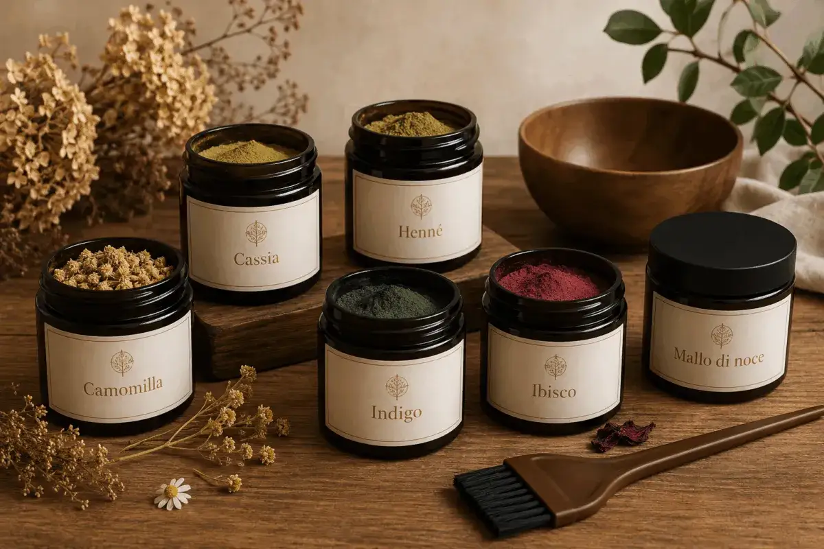 Barattoli con erbe tintorie per capelli: Cassia, Henné, Indigo, Ibisco, Camomilla e Mallo di noce.