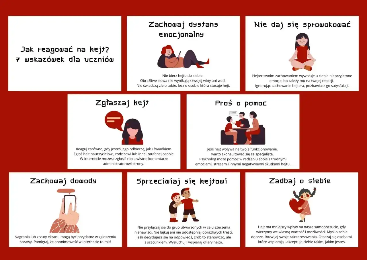 Grafika pokazuje 7 sposobów na reakcję na hejt: dystans emocjonalny, ignorowanie, zgłaszanie, proszenie o pomoc, zachowanie dowodów, sprzeciw i dbanie o siebie.