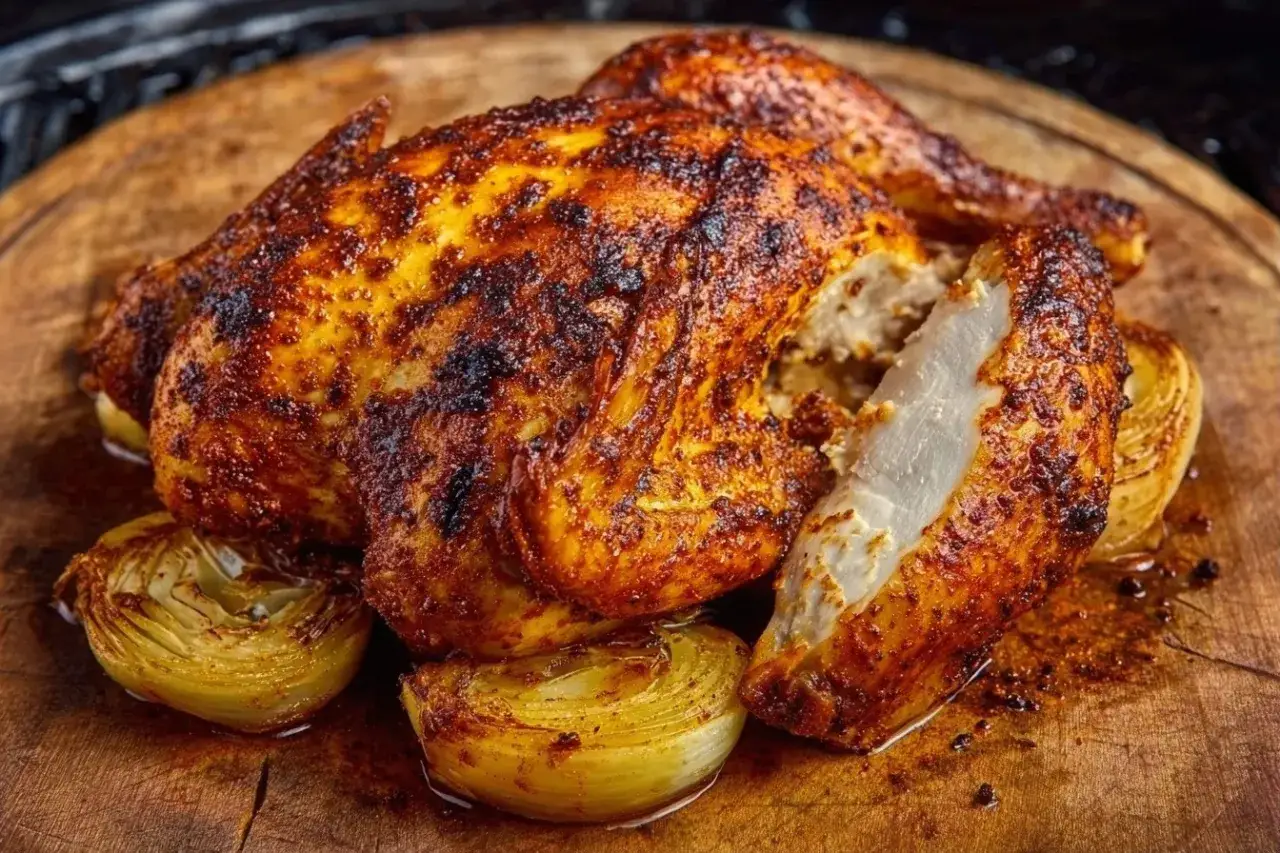 Un délicieux poulet fumé, doré et juteux, servi avec des oignons rôtis sur une planche en bois.